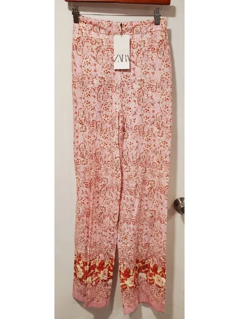 ZARA XS Pink Floral Paisley Linen Palazzo Pants Wide Straight Leg